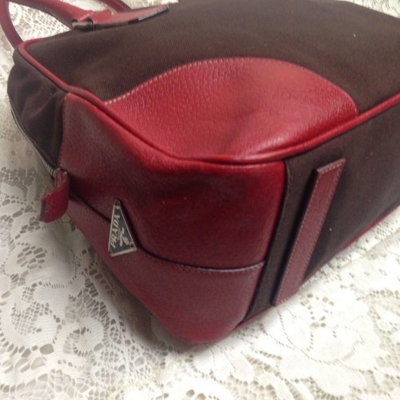 Prada Brown Canvas -Red Leather Trim Shoulder Bag - Picture 12 of 16